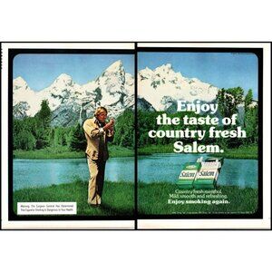 1979 Salem Cigarettes 2 Page Vintage Print Ad Rocky Mountains Lake Snow Wall Art